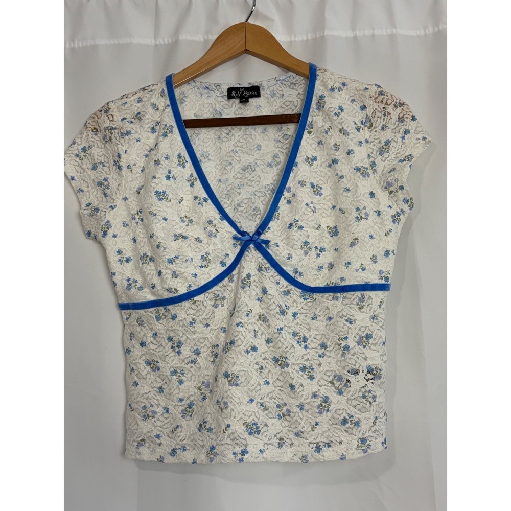 Y2L Babydoll XL Floral Lace Top Blue Velvet Trim V-Neck Cottagecore Blouse